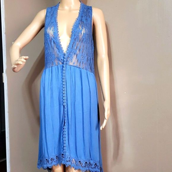Indigo Thread Co lace upper bodice and bottom 2 inch blue polyester wrap, sz M - Picture 1 of 7